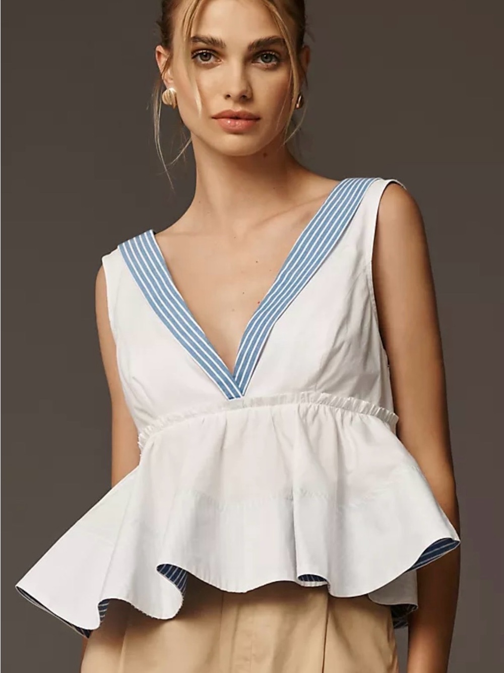 Maeve White Peplum Crop Top with Light Blue Striped V-Neck S